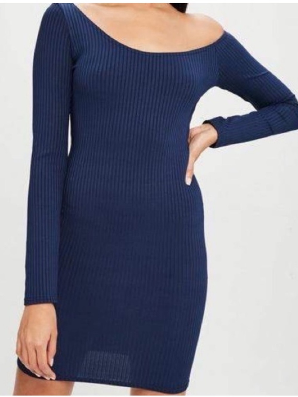 Missguided x CarliBybel Ribbed Long-Sleeve Off the Shoulder Navy Bodycon Dress